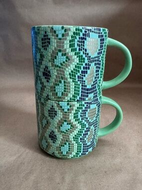 2 x Stackable Teavana Green Cobra Mosaic Coffee/Tea Mugs. 12 fl oz.